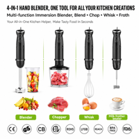 Mixeur plongeant 4-en-1 avec fouet, hachoir et tasse doseuse, mixeur électrique pour smoothies, aliments pour bébés, soupes