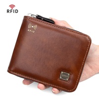 Dompet Pendek Resleting Kulit PU Lapis Lilin Retro Anti Maling RFID Blocking untuk Pria dengan Kantong Koin, Tempat Kartu Multi-Slot
