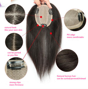 Topper pour femme en cheveux humains vierges européens, cuticules alignées, couleur naturelle, lisses, pré-épilés, avec base en dentelle française et en soie, et clips - Product Image 2