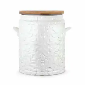 White Embossed Floral Pattern Ceramic Cookie Jar with Bamboo Lid