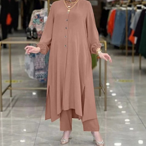 Elegante Completo Estivo da Donna Musulmana <span class=keywords><strong>con</strong></span> Tunica a Maniche Lunghe e Pantaloni, Top <span class=keywords><strong>con</strong></span> Bottoni Frontali e Orlo Irregolare, Spacchi Laterali, Abaya Formale per Ufficio - Product Image 2
