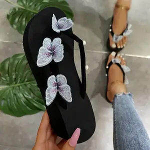 Sandal Wanita Ukuran Besar, Sandal Pantai Mutiara Kupu-kupu Musim Panas, Platform Wedge Hak Besar, Sepatu Wanita Flip Flop