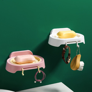 Soap <b>Dish</b> Holder Wall Mount Plastic Drain <b>Rack</b> Pink Minimalist Design Bathroom Soap Tray With Hooks For Storage - Product Image 1