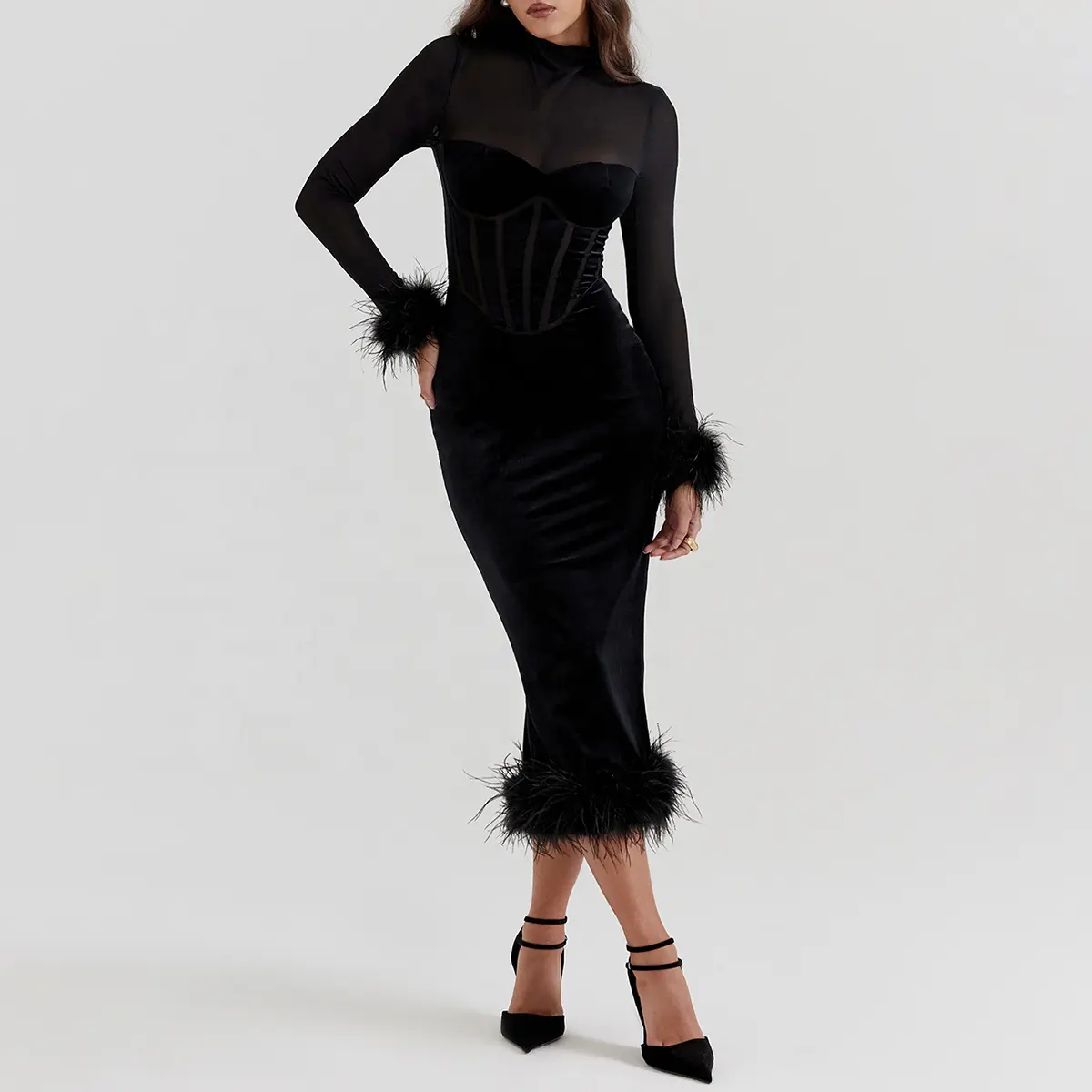 Moda Black Velvet Midi Vestido Elegante Noite Cocktail Wear Must-Have Moda Custom Vestidos