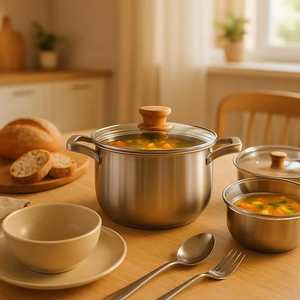 New Luxury Cookware Set 12-mảnh thép không gỉ Cookware Set với tay cầm bằng gỗ và kính nắp cao cấp kim loại đồ dùng nhà bếp - Product Image 2