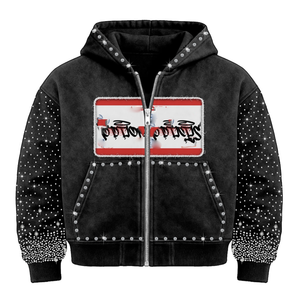 Custom <b>Men's</b> Hoodies Sweatshirts Unisex <b>Black</b> Acid Wash Distressed Applique Embroidery Cotton Terry Rhinestone <b>Zip</b> <b>Up</b> <b>Hoodie</b> - Product Image 1