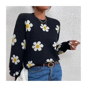 Großhandel Fabrik preis Blumenmuster Frau Pullover Drop Shoulder Knit Rundhals Laterne Ärmel Custom Sweater