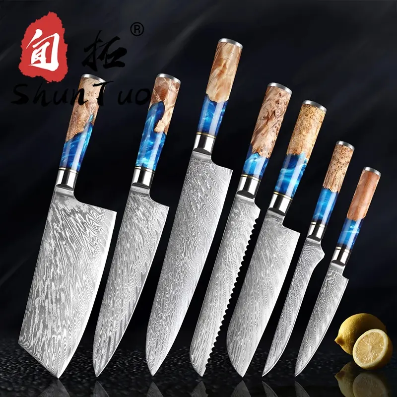SHUNTUO mavi reçine özel şam bıçak vg10 keskin el yapımı yardımcı şam bıçakları