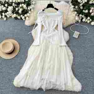 Vestido Midi Casual Asimétrico con Cuello Camisero Estilo Hada de Invierno para Mujer, Manga Larga, Corte Imperio, con Malla y Parches 3D, Rojo y Negro - Product Image 2