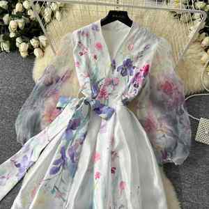 Vestido Midi Casual de Verano 2025 Tallas Grandes con Cuello en V y Manga Larga, Estampado Digital de Malla Tejida con Parches, Estilo Imperio, Sencillo para Fiesta - Product Image 4