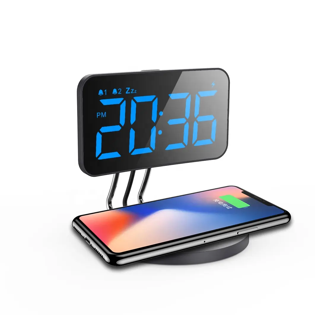 QI DC Digital Alarm Clock with Wireless Charger 6 Dimmer Dual Alarms with 3 Ringtones Bedside Snooze Alarm Clocks