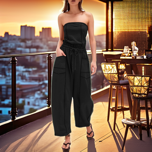 Mono negro sin tirantes para mujer, de cintura alta, ajuste regular, tejido transpirable, ecológico, informal, para vacaciones, con bolsillos por encima de la rodilla - Product Image 2