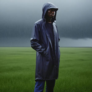 מעיל שחור שחור ארוך ומוצק עם מכסה מכסה מעיל גשם-פופולרי מאוד באירופה, הכולל איטום פונקציונלי. - Product Image 3