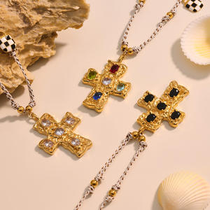 AFXSION女式时尚天然淡水珍珠半宝石长毛衣链钻石锆石十字架项链佛教 - Product Image 2