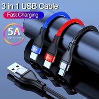 Kabel USB mikro ponsel 3 in 1 5A kualitas tinggi, kabel pengisian daya Super cepat nilon 40W Tipe C untuk ponsel