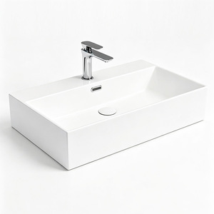 Lavabo de Cerámica Rectangular Grande con Logotipo Personalizado, Acabado Blanco Brillante, para Instalar Sobre Encimera, para Hotel - Product Image 1