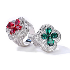 Men's Trendy Hiphop Customize <b>Ring</b> Copper Gold Plated Four Leaf Princess Cut Zircon Green Red Gemstone Flower <b>Iced</b> - Product Image 6