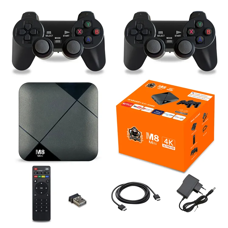 पोर्टेबल M8 मिनी टीवी वीडियो गेम कंसोल 2.4G डबल वायरलेस नियंत्रक गेमिंग बॉक्स 4K 14000 खेल 64GB रेट्रो खेल के लिए PS1/GBA