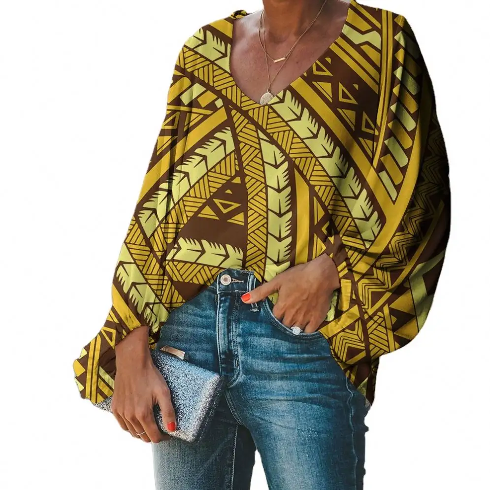 Sarı Samoan tasarımları polinezya Tribal baskı kadın gömlek ve bluzlar özel özel bluzlar bayan şifon bluz