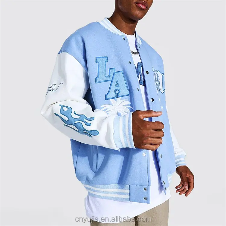 OEM Custom virgin wool patch chenille embroidery leather sleeve baby blue letterman varsity jacket for men