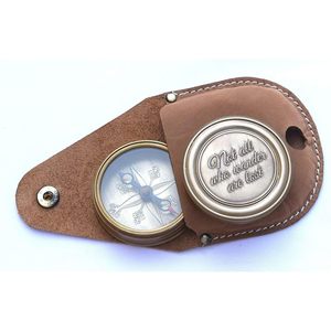Brass <b>Compass</b> with Leather Case <b>Engraved</b> Not All for Wander Are Lost Magnetic Navigational Portable Pocket Hiking Guide - Product Image 1