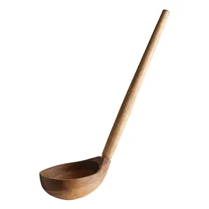 Hot Selling Large Long Handle Kitchen Acacia Wood Solid Soup Spoon Wooden Ladle