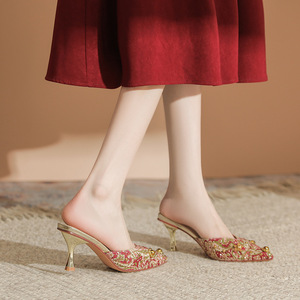 Mules synthétiques à bout pointu avec strass, talons hauts, pantoufles d'été pour femmes, doublure en microfibre 6776-2 - Product Image 2