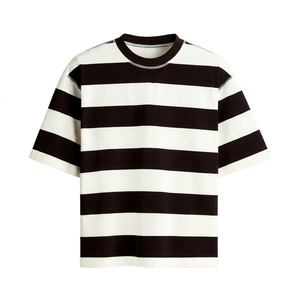 Wholesale Brown <b>White</b> Horizontal Stripe T Shirt Men Heavy Cotton Oversized Crew Neck Custom Logo Streetwear Blank <b>Tee</b> - Product Image 1