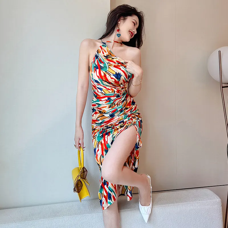 ZYHT 9510 Summer Printed Satin Midi Long Dresses One Shoulder Spaghetti Strap Pleated High Slit Vocation Dress
