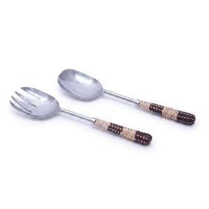 Ensemble de cuillères à salade en acier inoxydable de style minimaliste avec poignées en rotin tressé, lavables au lave-vaisselle, écologiques, ustensiles de cuisine - Product Image 1