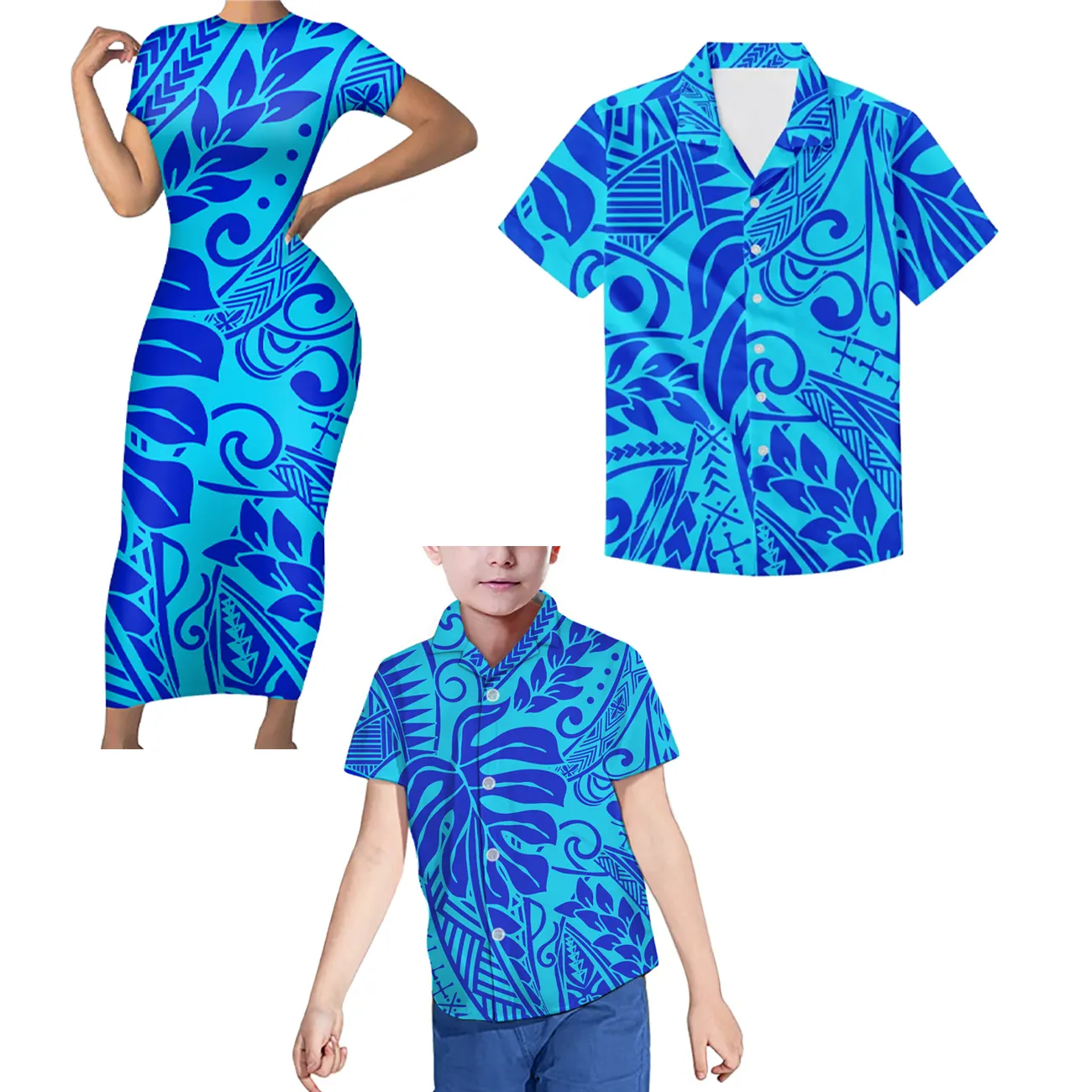 Conjunto camisa feminina para verão, conjunto de <span class=keywords><strong>3</strong></span> peças personalizado de camisa polinésia azul para crianças