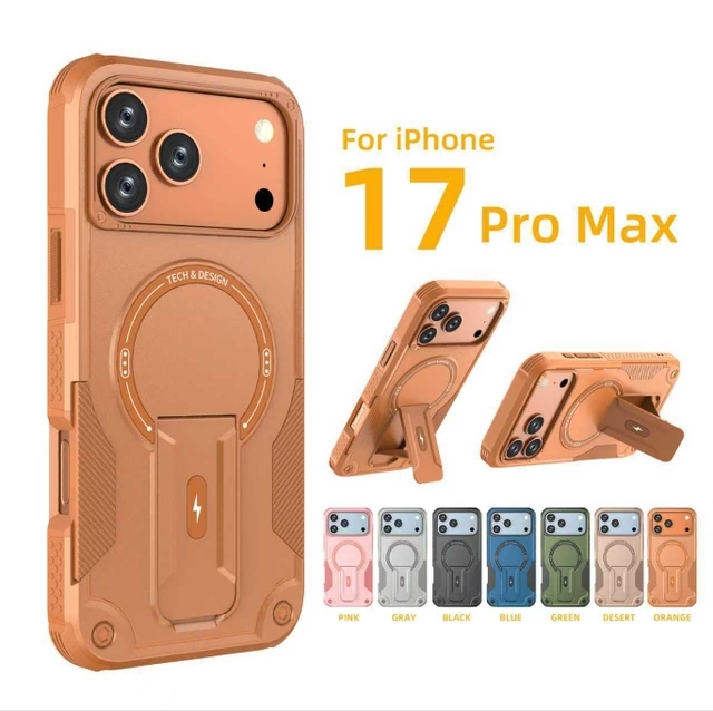 Rugged Shockproof Armor Wireless Charging Magnetic Phone Case for iPhone 16 15 14 Models Pro Max with Folding Stand Feature