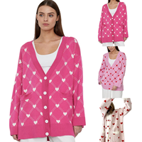 Cardigan élégant anti-rides en coton et polyamide pour jeunes femmes, rose, avec motifs cœurs mignons et poches