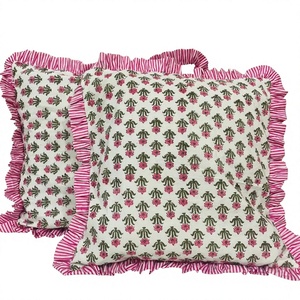Handmade Bohemian Cotton Frill Cushion <b>Cover</b> Indian Block Print Floral <b>Throw</b> Pillows Luxury Raffle Ruffled Pillow <b>Covers</b> - Product Image 1