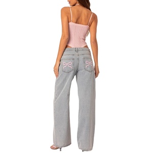 <span class=keywords><strong>Vaqueros</strong></span> <span class=keywords><strong>de</strong></span> mezclilla <span class=keywords><strong>de</strong></span> algodón 100% ecológicos para <span class=keywords><strong>mujer</strong></span>, <span class=keywords><strong>de</strong></span> cintura alta, corte holgado, pierna recta, color rosa liso con lazo bordado y botones, ideales para el verano. - Product Image 2