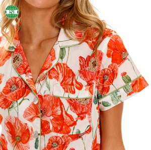 Set di pigiami personalizzati con stampa floreale pigiami personalizzati in lino con grafica a manica corta con bottoni e pantaloncini Set di Pjs HOUSON FACTORY - Product Image 3