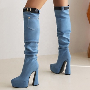 Retro Denim Women Over Knee Boots Belt Buckle Platform Long <b>Booties</b> Dark Jeans Ladies High Chunky Heel Shoes - Product Image 1