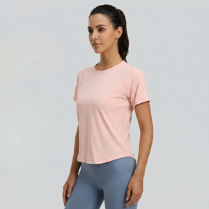 Wholesale Women <b>Raglan</b> Short Sleeve Yoga T Shirt Quick Dry Mesh Back Vent Athletic <b>Top</b> Loose Fit Running Workout Active Wear - Product Image 4