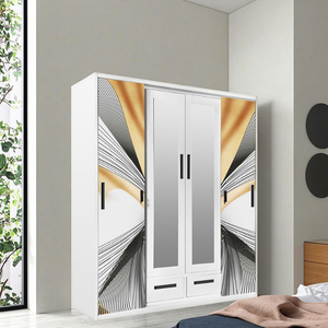 ตู้เสื้อผ้าเหล็กแบบโมเดิร์น 4 ประตูบานเลื่อนพร้อมกระจกและบริการพิมพ์ลายตามสั่งสำหรับบ้านพักตากอากาศ - Product Image 1