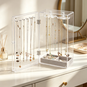 Clear Acrylic <b>Jewelry</b> <b>Storage</b> Box, Dustproof Necklace Holder with Hanging Hooks & Velvet Tray for Rings Bracelets Display - Product Image 4