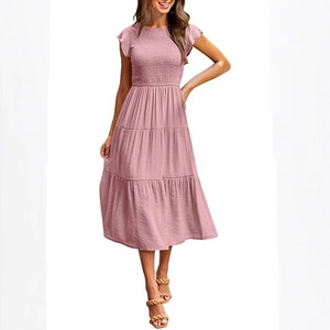 Vestido Boho <span class=keywords><strong>de</strong></span> Cintura Alta con Volantes <span class=keywords><strong>para</strong></span> Mujer, Vestido Midi Fluido con Cuello Redondo <span class=keywords><strong>para</strong></span> Verano, Vestido <span class=keywords><strong>de</strong></span> Playa <span class=keywords><strong>para</strong></span> Vacaciones, Vestido <span class=keywords><strong>de</strong></span> Verano con Mangas con Volantes, Elegante, Blanco - Product Image 3