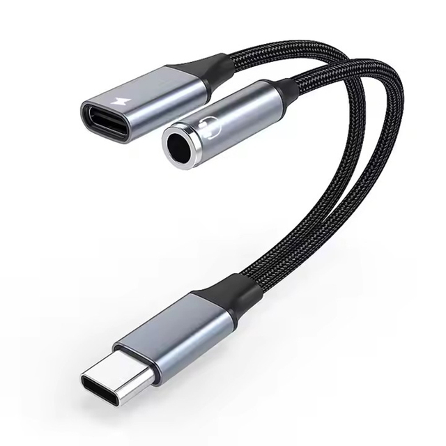Nylon Braided 2in1 Splitter USB C Male to AUX 3.5mm Audio Cable USB Type C Female Extension Cord 10W PD 60W Fast Charing Cable