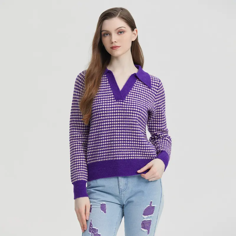 OEM Sweater Pullover Women Custom Knit Vintage Half Open Turn Down Collar Purple Wool Argyle Jacquard Knitted Sweater