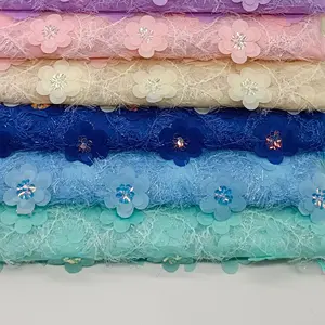 Multicolor embroidery net fabric tulle lace embroidered 3D Floral Fabric laser cut sequins chiffon tulle mesh 3D lace fabric