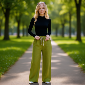 Pantaloni Larghi in Spugna da Donna J722, Vita Alta con Elastico e Coulisse, Vestibilità Ampia, Lunghezza Intera, Tinta Unita, Casual, Autunnali, in Maglia - Product Image 2