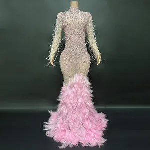 새로운 L2369 트렌드 제품 2023 핑크 긴 소매 높은 뉴넥 우아한 깃털 스팽글 이브닝 뉴 이브닝 드레스