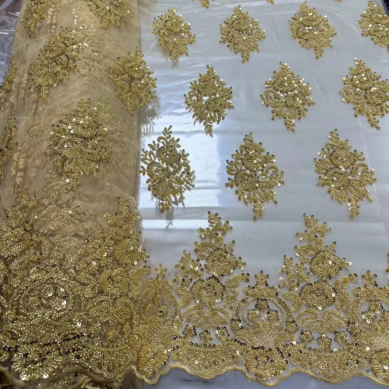 Luxury beaded lace fabric gold beaded and sequins embroidery fabric for dress