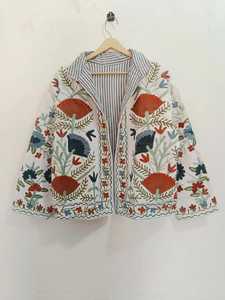 Women's Artisan <b>Velvet</b> Coat Suzani Embroidery Animal Cotton Filling-Vintage Floral Design Eco-Friendly Breathable Outerwear - Product Image 5