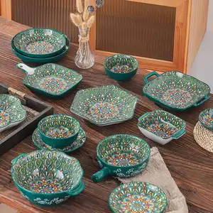 Talheres de cerâmica estampados estilo marroquino conjunto de jantar boêmio verde modelo por caixa tigelas e pratos para restaurante