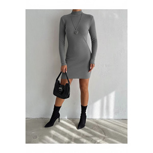 Women's <b>Elastic</b> Ribbed Stand-Up Collar Long Sleeve Midi <b>Dress</b> 90 Cm Office Wear - Product Image 3